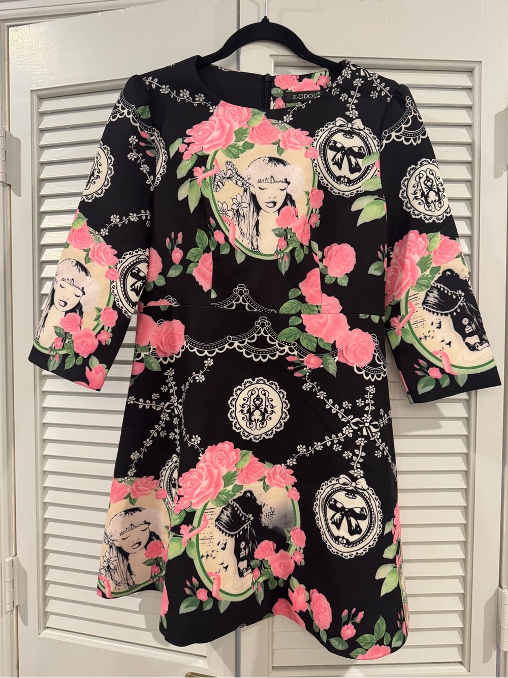 E-Doll Black Mini Dress with Pink Rose & Portrait Medallion Print